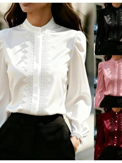 Satin Lace-Patchwork Stand-Collar Shirt Top For Women