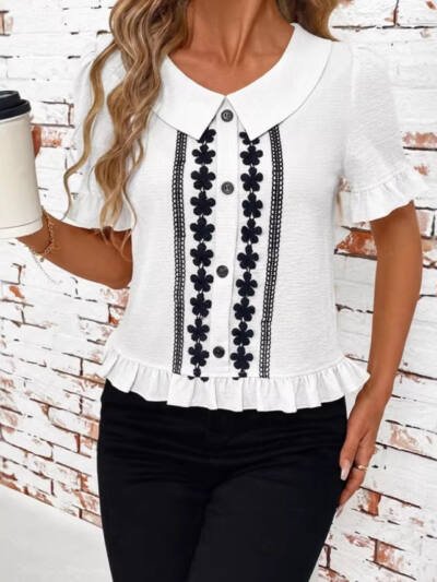 Women's Front-Button Petal-Sleeve Short-Sleeve Summer Fashion