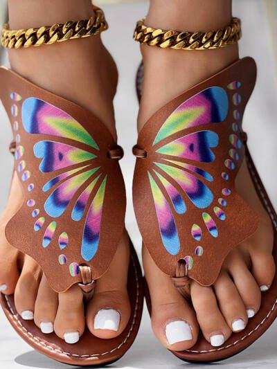 Utterfly Print Round Toe Flip Flops, Comfortable Summer Beach Shoes