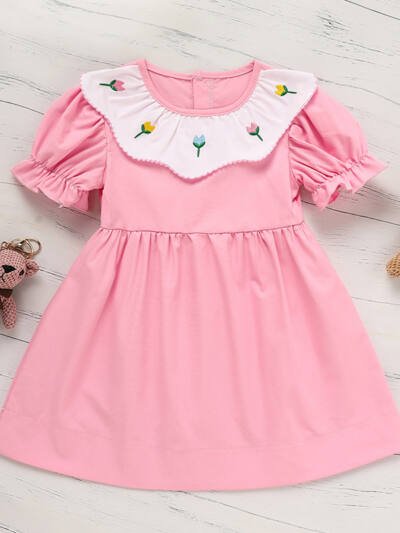 Toddler Baby Girl Spring Tulip Smocked Short Sleeve Dress With Lovely Tulip Embroidery Princess Dresses