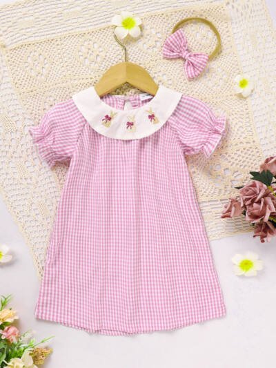 Toddler Girl's Round Neck Short Sleeve Dress, Checkered Pattern With Bunny Bow Embroidery A-Line Summer Dress