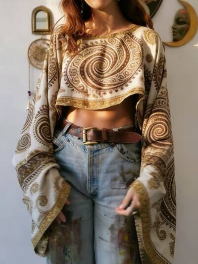 Women's Ethnic Printed Loose Long-sleeve Short Crop Top