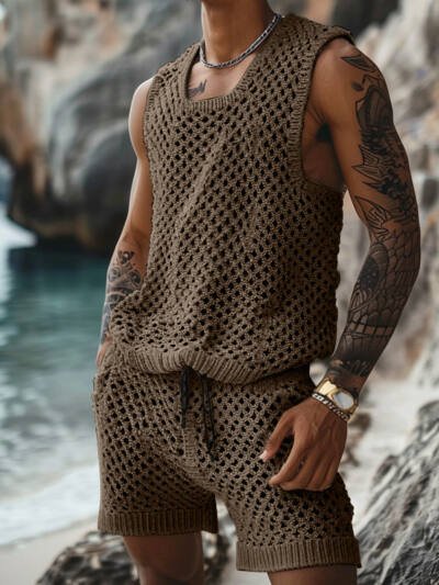 Men's Striped Short Sleeve Shirt & Shorts Set