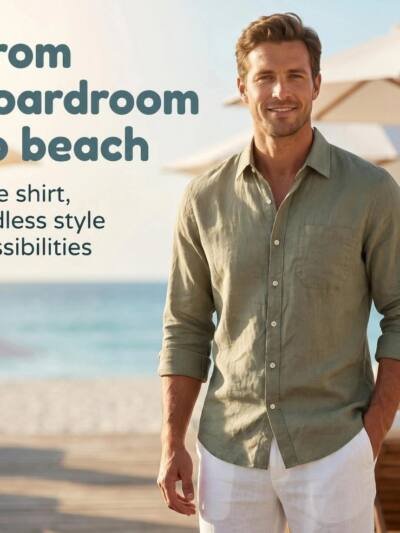 Mens Linen Loose-fit Lapel Long-sleeve Shirt