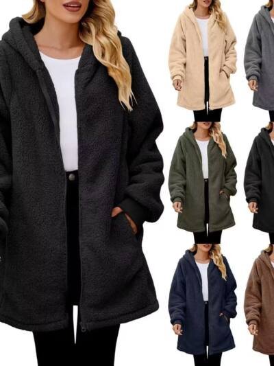 Loose Plush Women's Long Sleeve Hooded Zip Cardigan Coat
