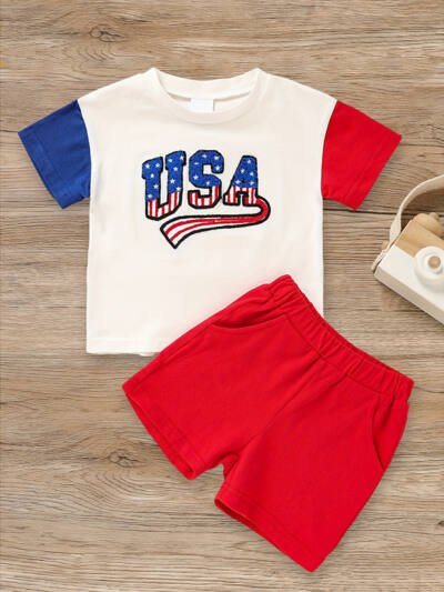 Infant Baby Boy 4th Of July Outfit Set USA Letter Print Color Block T-Shirt & Shorts For Independence Day Celebration