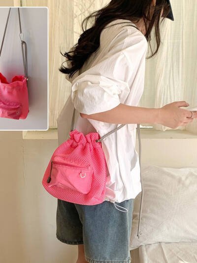 Small Mesh Drawstring Bucket Bag Fashion Cute Messenger Shoulder Bags