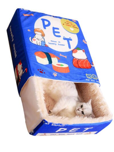Snack Box Enclosed Cat Bed, Blue