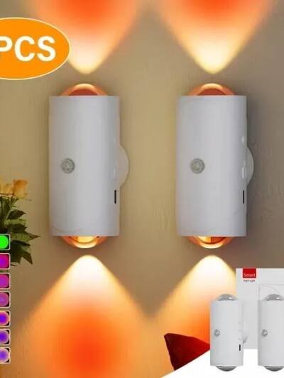 Motion Sensor Night Light Wall Lamp With USB Type-C Charging Ultra Long Battery Life Magnetic Mount Colorful Neon Colors Change For Bedroom Bathroom 2PCS