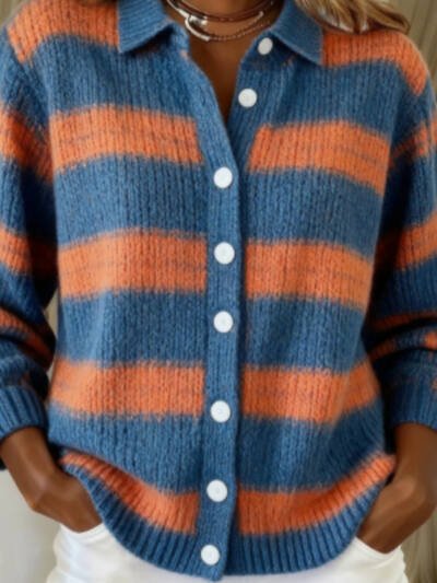 Women's Blouse With A Turn-down Collar And Cardigan- Top