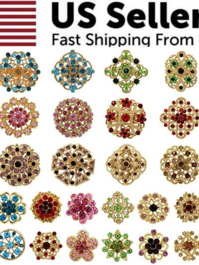 24pc Vintage Brooch Lot Mixed Alloy Rhinestone Crystal Pins Wedding Bouquet DIY