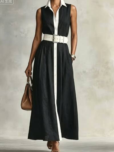Black And White Contrasting Collared Sleeveless Shirt Waist Cinched