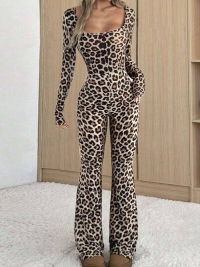 Women's Slim-fit Hip-wrapped Square Collar Leopard Print Jumpsuit