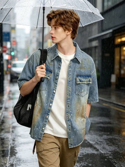 Oversized Denim Shirt Men Vintage Distressed Short Sleeve Streetwear Jean Top Ready To Ship From US