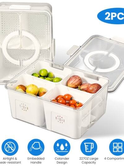 2Pack Airtight Fruit Storage Containers 4 Compartment Food Storage Containers Fruit Vegetable Organizers With 8 Removable Colanders For Fridge Picnic