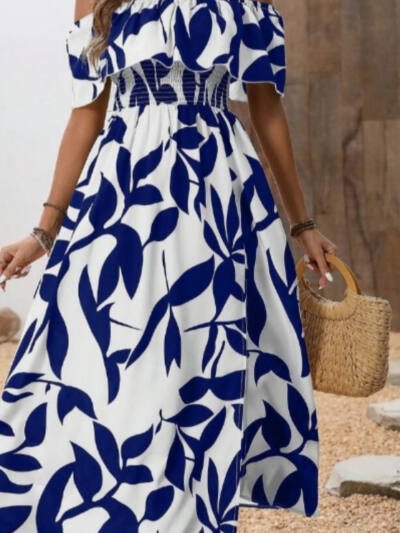 Summer Botanical Print Off-the-shoulder Split Dress