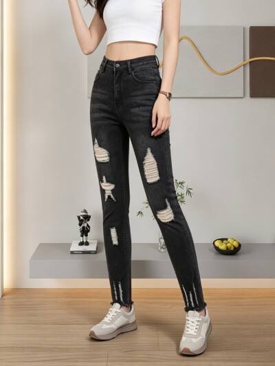 High Waist Distressed Skinny Jeans For Women, Faded Black Ripped