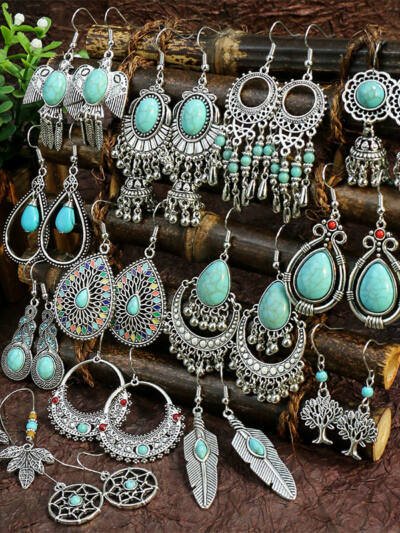 Silver Geometric Metal Turquoise Earrings