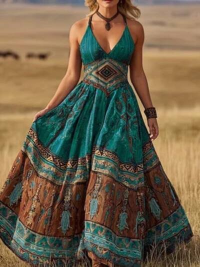 Deep V-neck Fitted Waist Full Skirt Sleeveless Long Vacation Dress