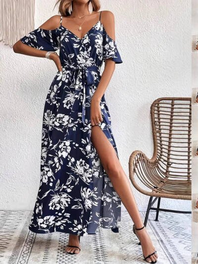 Off-Shoulder Split Dress Summer Floral Print Suspender Long Dresses