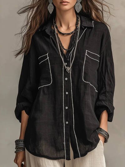 SpringSummer New Arrival Plain-stitched Relaxed-fit Figure-flattering Versatile Lapel Shirt