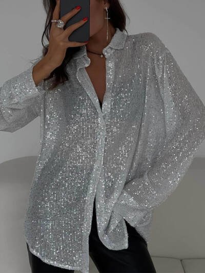 Sequin Lapel Long Sleeve Shirt
