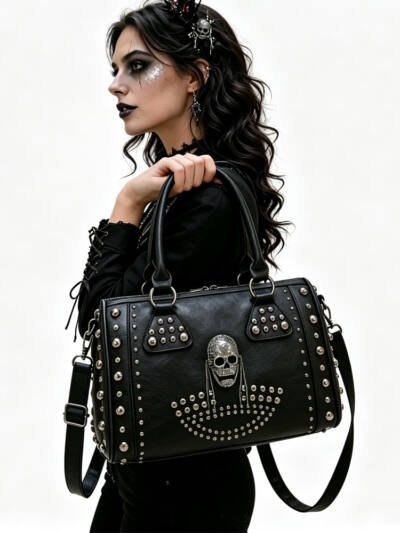 Gothic Punk Skull Rivet Handbag For Women, Halloween Studded PU