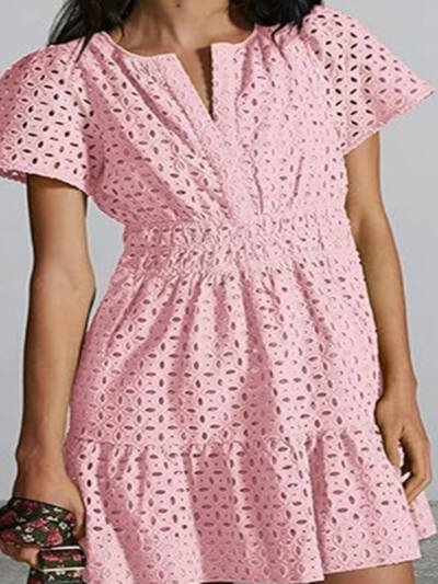Female V-neck Hollow Lace Pleated Short Sleeves Dress