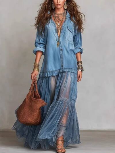 Women's Retro Lapel Collar Faux Denim Maxi Dress Casual Pocketed