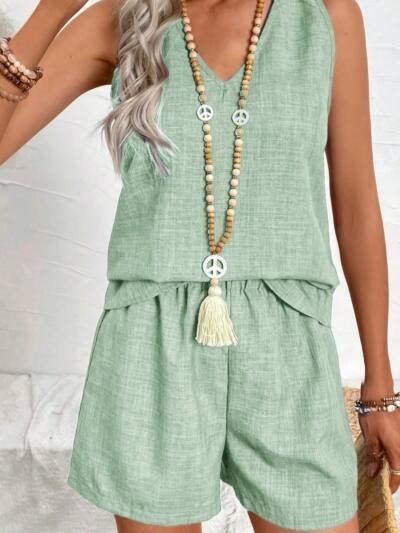 Women Fashionable Loose Fit Casual Vest And Shorts Set