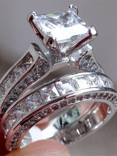 Charm Couple Rings His Her Silver Color Princess Cut CZ Anniversary