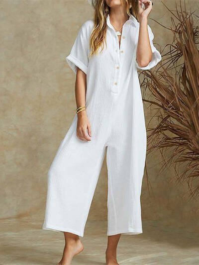 Casual Loose Long Jumpsuit Short Sleeve Rompers