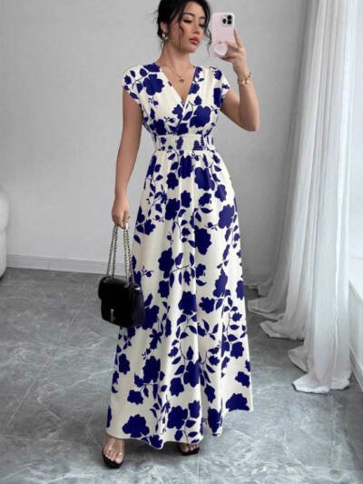 Short Sleeve Lace-up Dress Printed V-neck