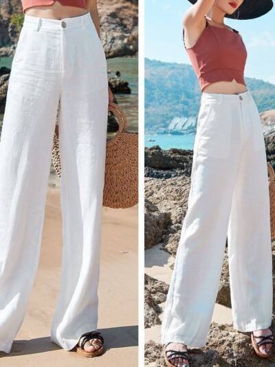 High Waist Draped Cotton Linen Pants