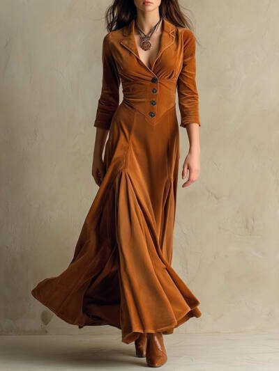 Solid Color Buttons Lapel 34 Sleeve Maxi Dress Waist Expansion Skirt