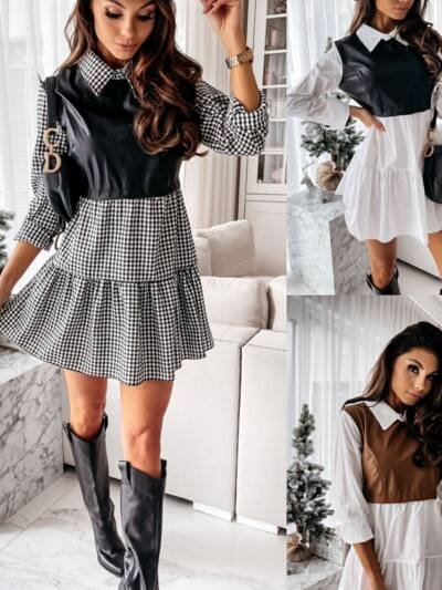 Shirt Collar Pu Leather Matching Long-Sleeve Dress
