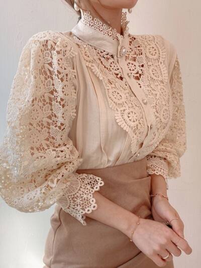 Lace Hollow Flower Stitching Long-Sleeved Stand Collar Shirt