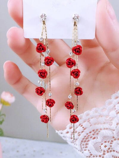 Flower Long Earrings Wild Red Rose Rhinestone Tassel