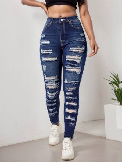 Women S Ripped Tight Cropped Pants, High Stretch Jeans, Fashionable