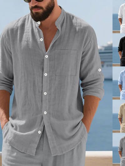 Breathable Linen Mens Button-Up Stand-Collar Long-Sleeve Shirt
