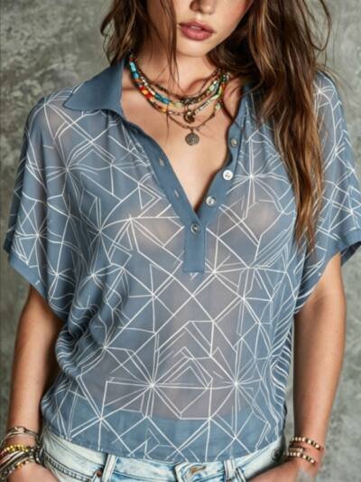 Blue White Geometric Print Polo Collar Half Button Sheer Short Sleeve