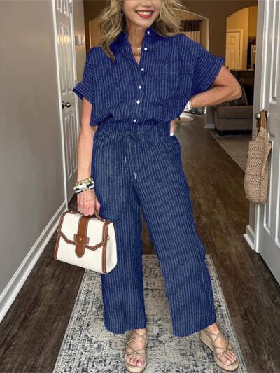 Women's Striped Suit Lapel Short Sleeve Straight Idle Trousers