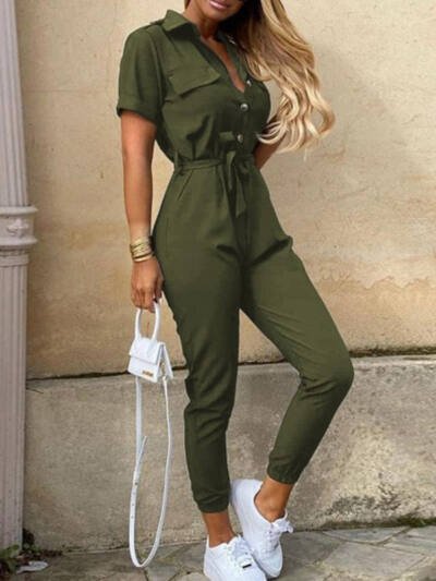 Printed Belt Work Overalls Short Sleeves
