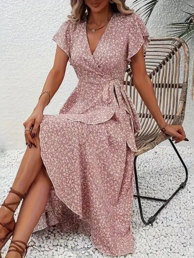Women's Summer Floral Boho Dress Wrap V Neck Short Sleeve Ruffle