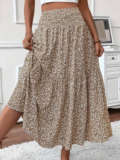 Boho Floral High Waist Pleated Maxi Skirt