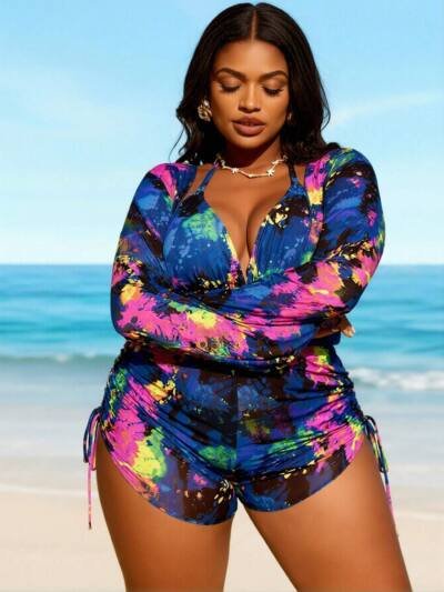 Plus Size Tie Dye Long Sleeve Rash Guard One Piece Swimsuit Side
