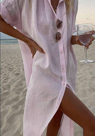 Women's Fashionable Loose Solid Color Summer Casual Shirt Dress