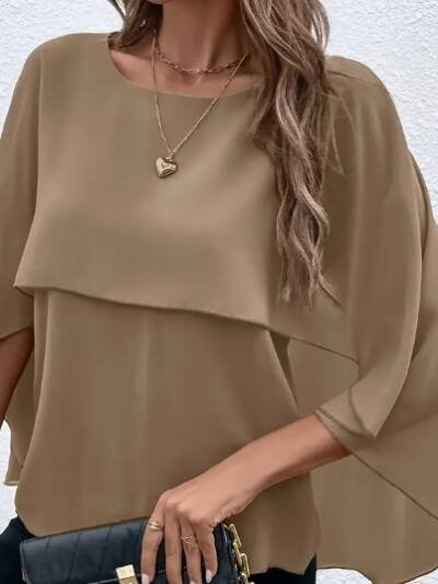 Solid Layered Cloak Sleeve Blouse, Versatile Crew Neck Blouse For Spring & Fall, Women's Clothing