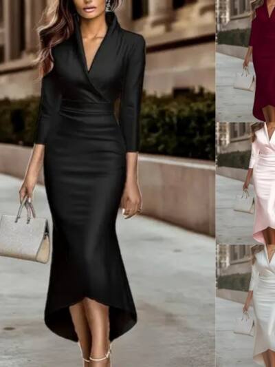 Elegant Solid-color Long-sleeve V-neck Satin Dress