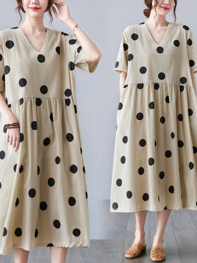 Loose-paneled Cotton And Linen V-neck Short-sleeved Dress